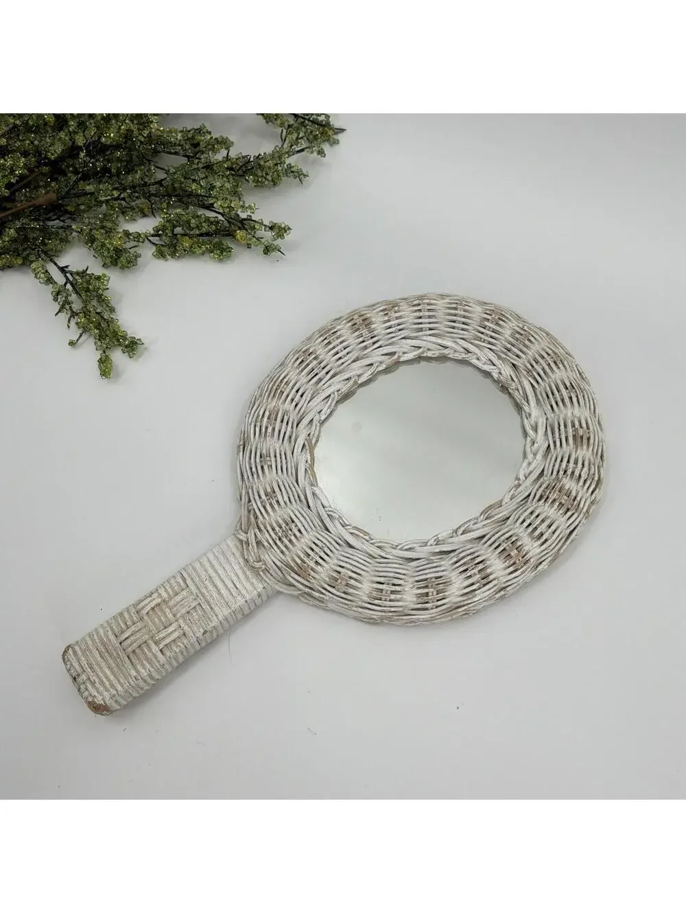 Vintage Wicker White Painted Hand Mirror